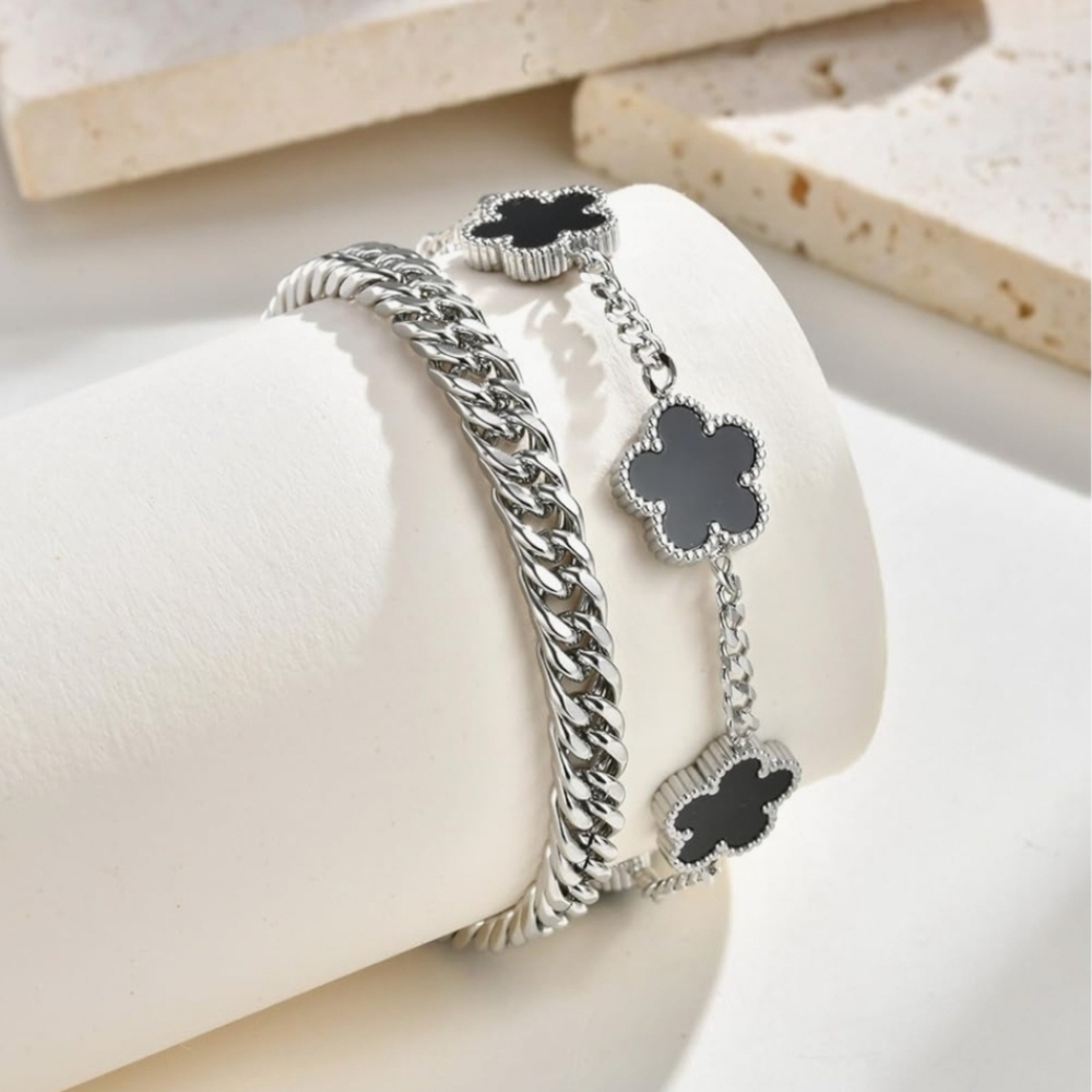 2pcs Lucky Charm Four Leaf Clover Flower Bracelets Trendy - Stainless Steel - Picture 2 of 3